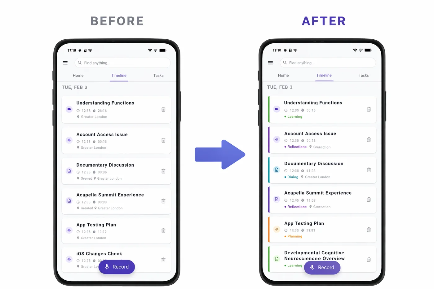 Before and after colour coding in memory apps: Recallify Timeline without category indicators (left) and with colour indicators (right)
