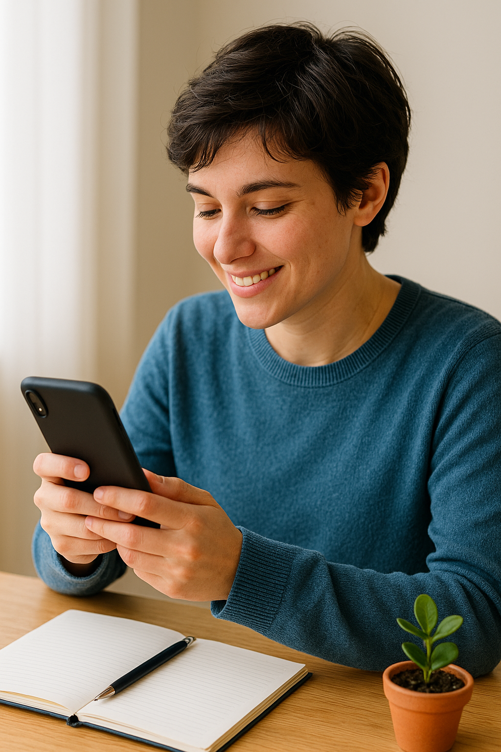 Young adult smiles while using a memory app on a smartphone at a sun-lit desk with a notebook and small plant, symbolising everyday memory support.