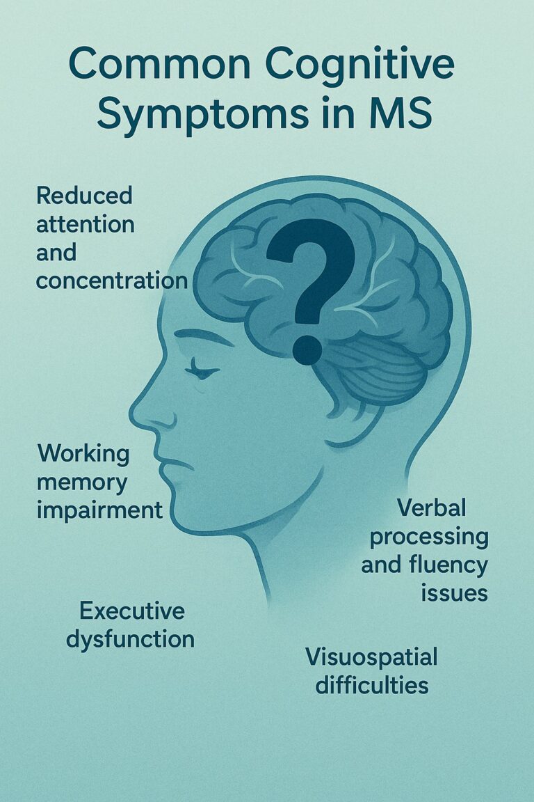 Silhouette of a human head with a brain and question-mark overlay, surrounded by labels of common cognitive symptoms in multiple sclerosis: reduced attention and concentration, working-memory impairment, executive dysfunction, verbal processing/fluency issues, and visuospatial difficulties.