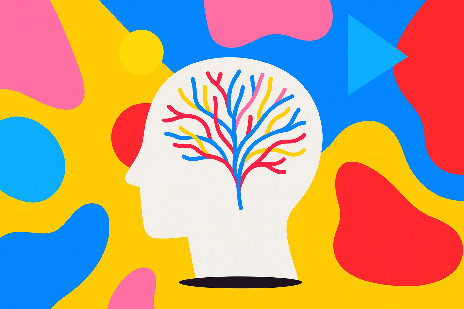 Bold, colorful illustration of a head with branching brain lines.