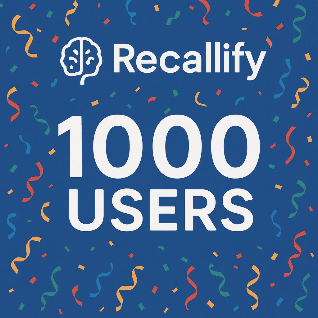 Recallify celebrates reaching 1000 users with confetti background