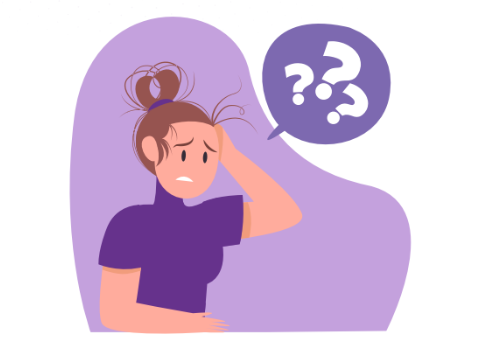 Illustration of a frustrated woman holding her head with question marks above her, representing confusion and executive dysfunction common in ADHD.