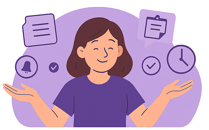 Calm woman with eyes closed surrounded by task icons, checkmarks, reminders, and clocks, representing organised ADHD planning and reduced overwhelm.