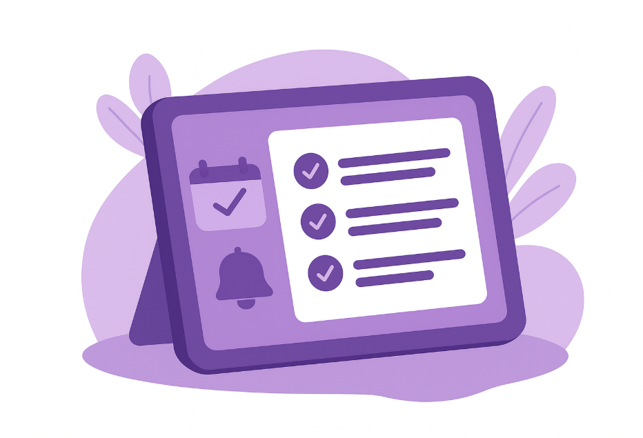 Purple illustration of a digital tablet showing a checklist, calendar icon, and reminder bell, symbolising an ADHD planner interface.