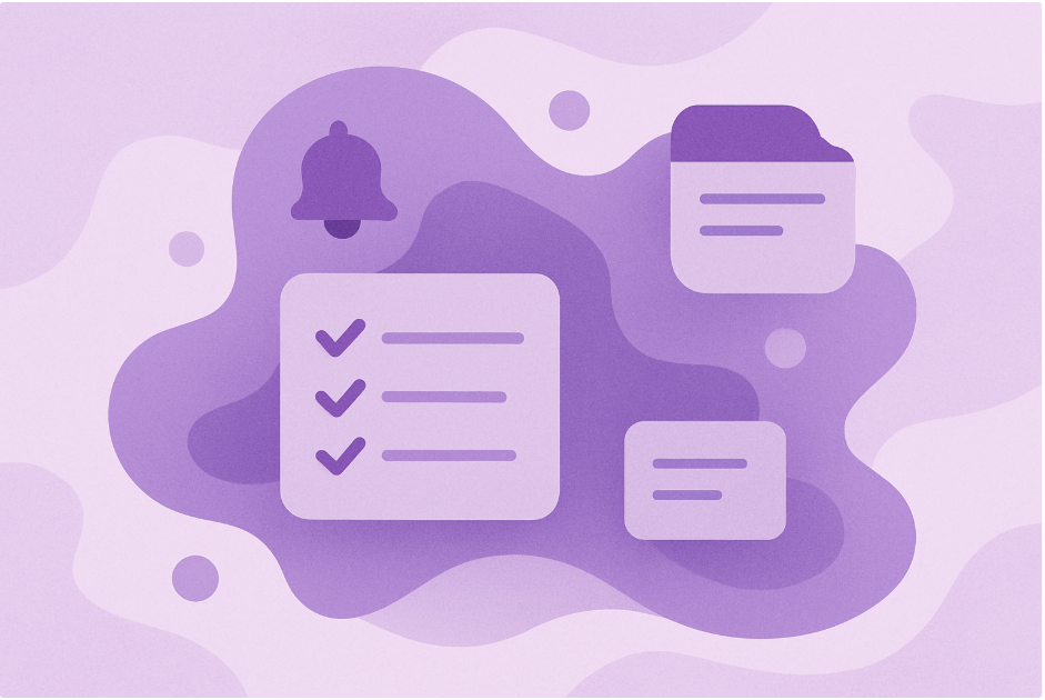 Abstract purple-lilac illustration showing gentle flowing shapes with subtle task and reminder icons, representing ADHD productivity and mental load becoming organised.