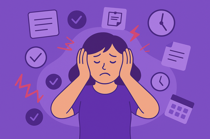 Illustration of a woman overwhelmed by tasks and reminders, symbolising why traditional productivity tools fail ADHD users and how ADHD apps and ADHD planners offer better support.