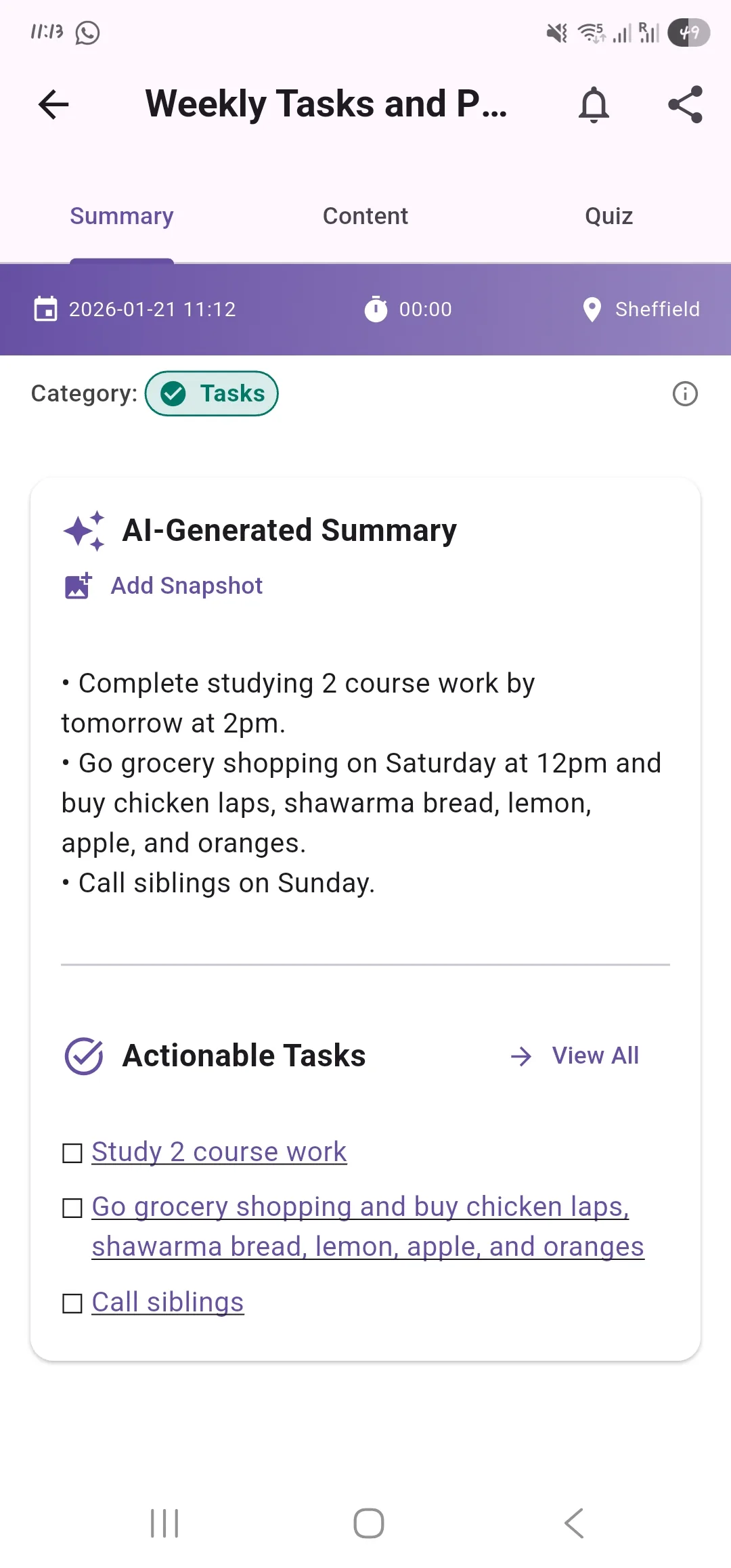 Recallify AI generated summary showing a voice recording automatically converted into bullet point notes and actionable tasks including studying, grocery shopping, and calling family