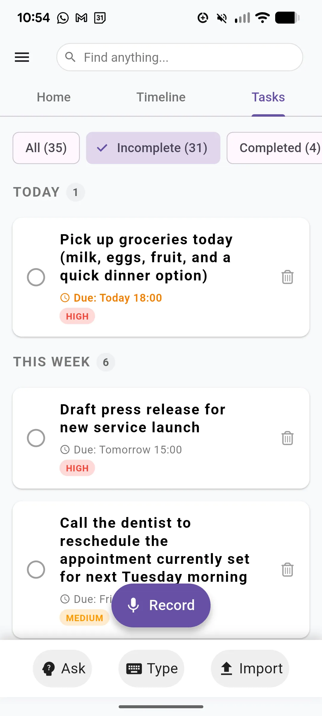 Recallify app task view showing automatically extracted and prioritised tasks grouped by Today and This Week, with HIGH and MEDIUM priority labels and due dates