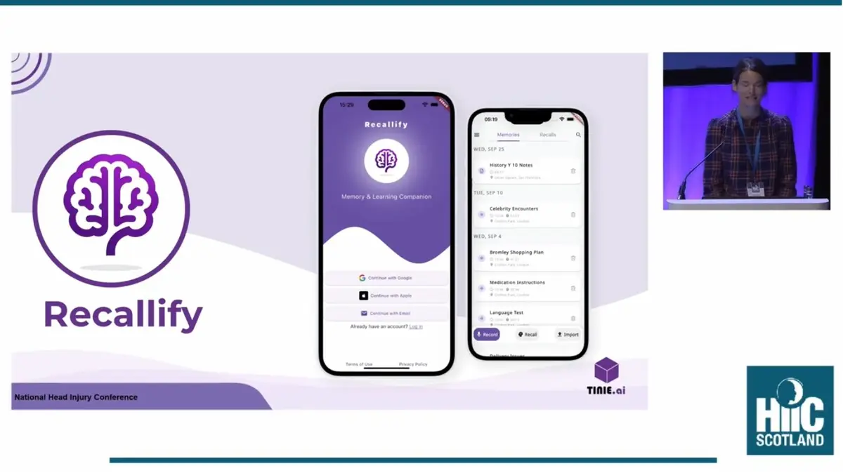 Dr Sarah Rudebeck presenting Recallify at the National Head Injury Conference 2025, with the Recallify app shown on two phone screens