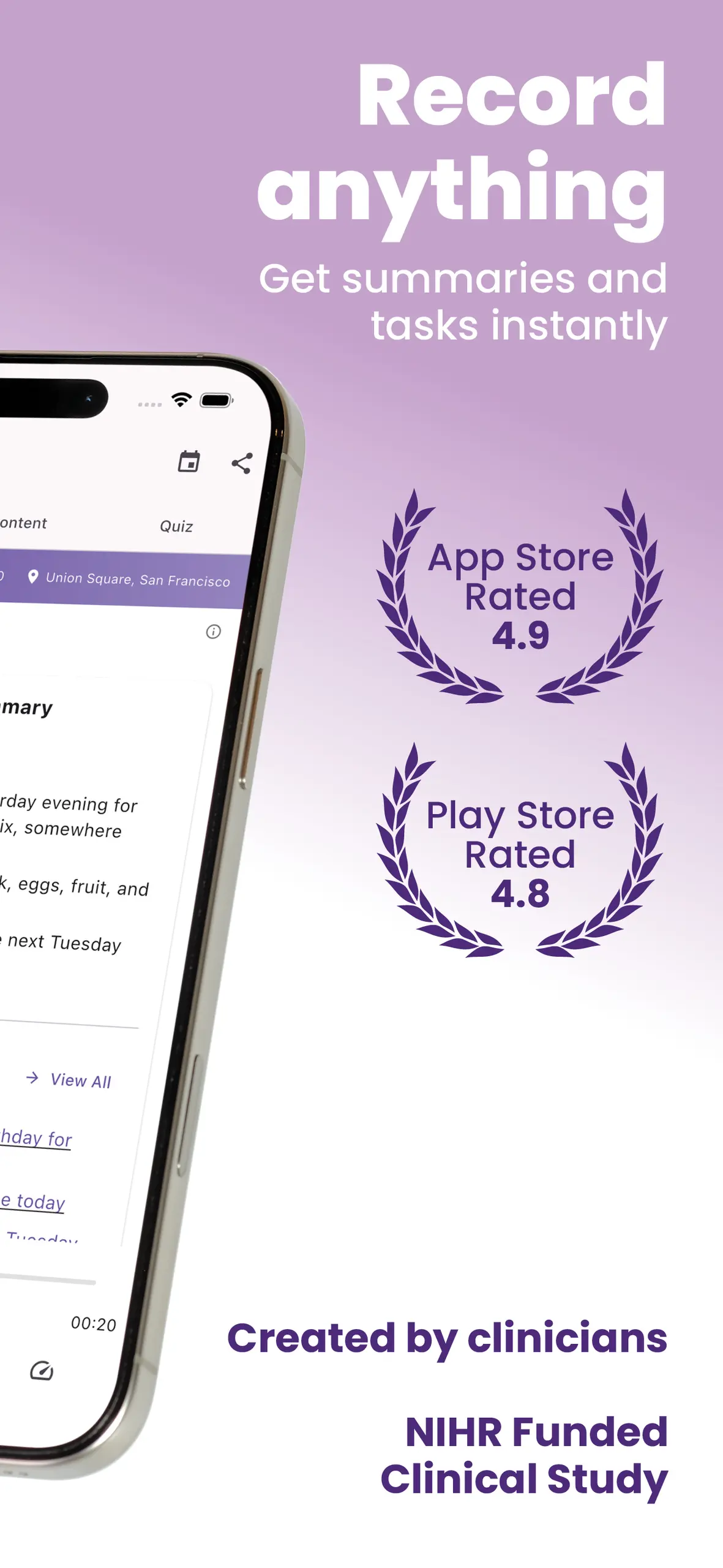 Recallify voice recorder app rated 4.9 on App Store and 4.8 on Play Store, created by clinicians