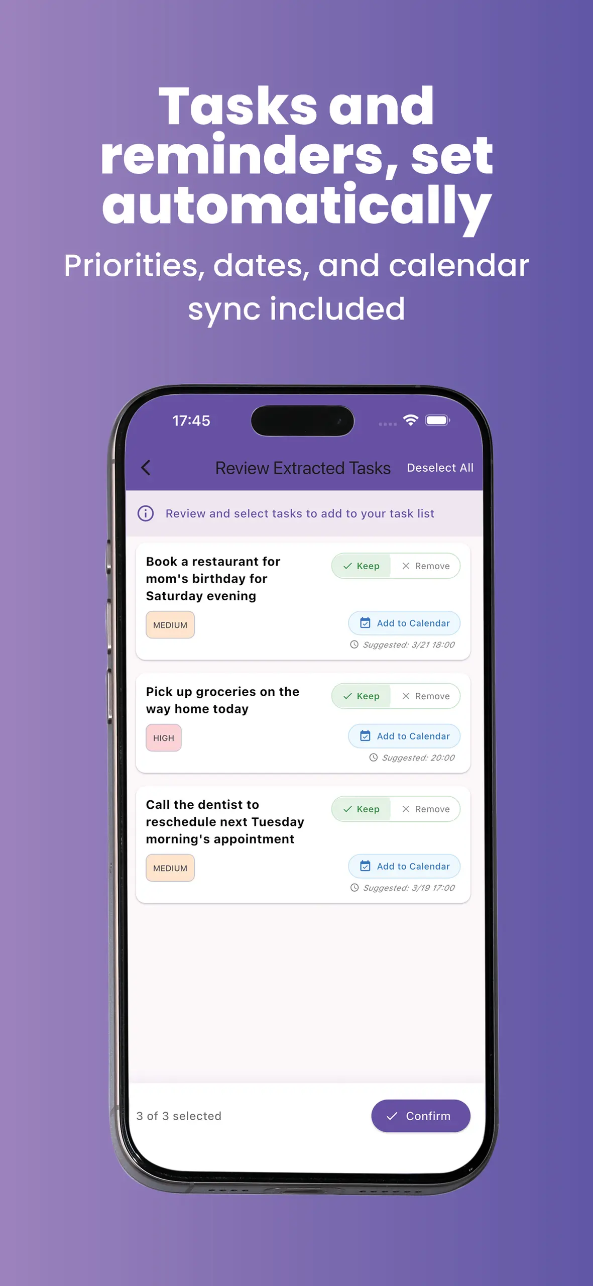Recallify AI task extraction showing automatically generated reminders with priorities and calendar sync