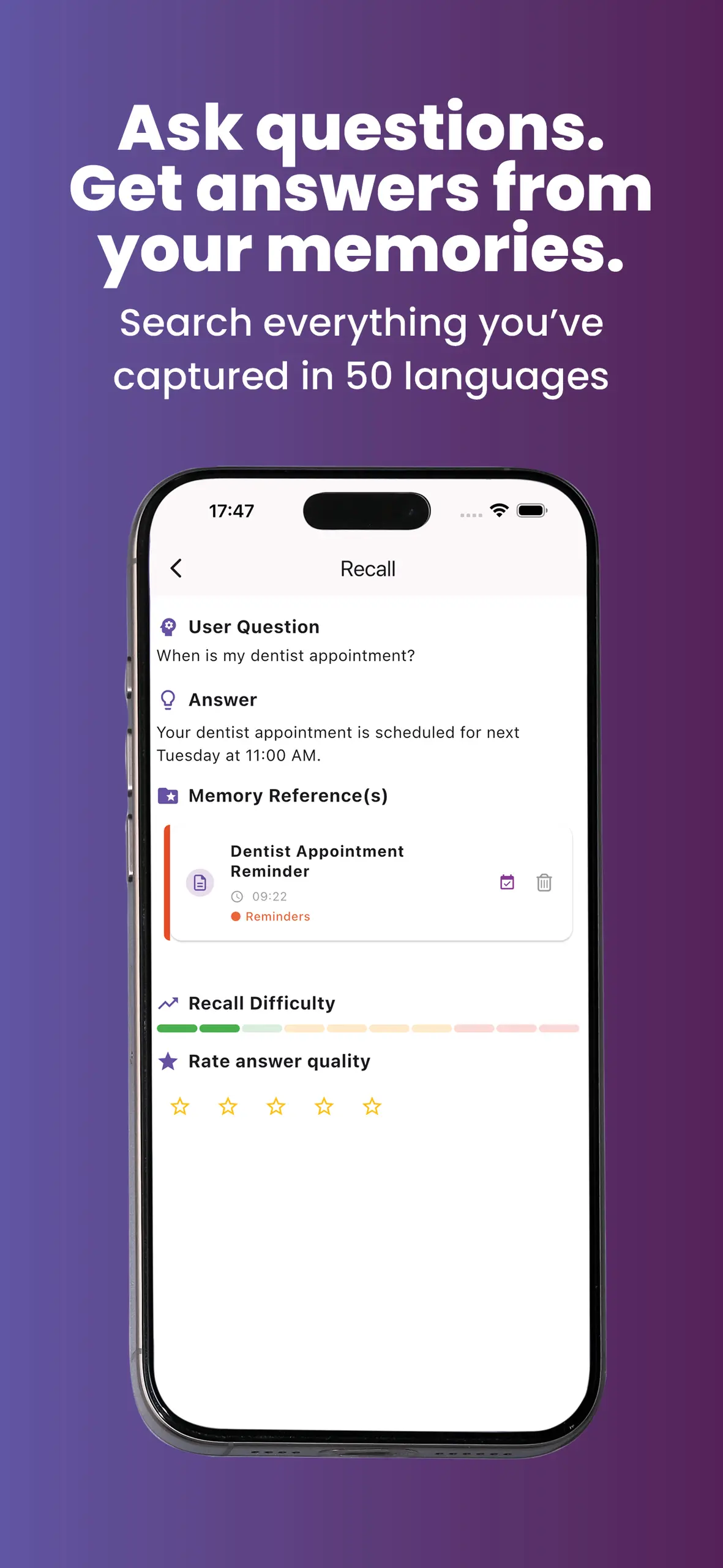 Recallify recall feature answering questions from saved memories in 50 languages