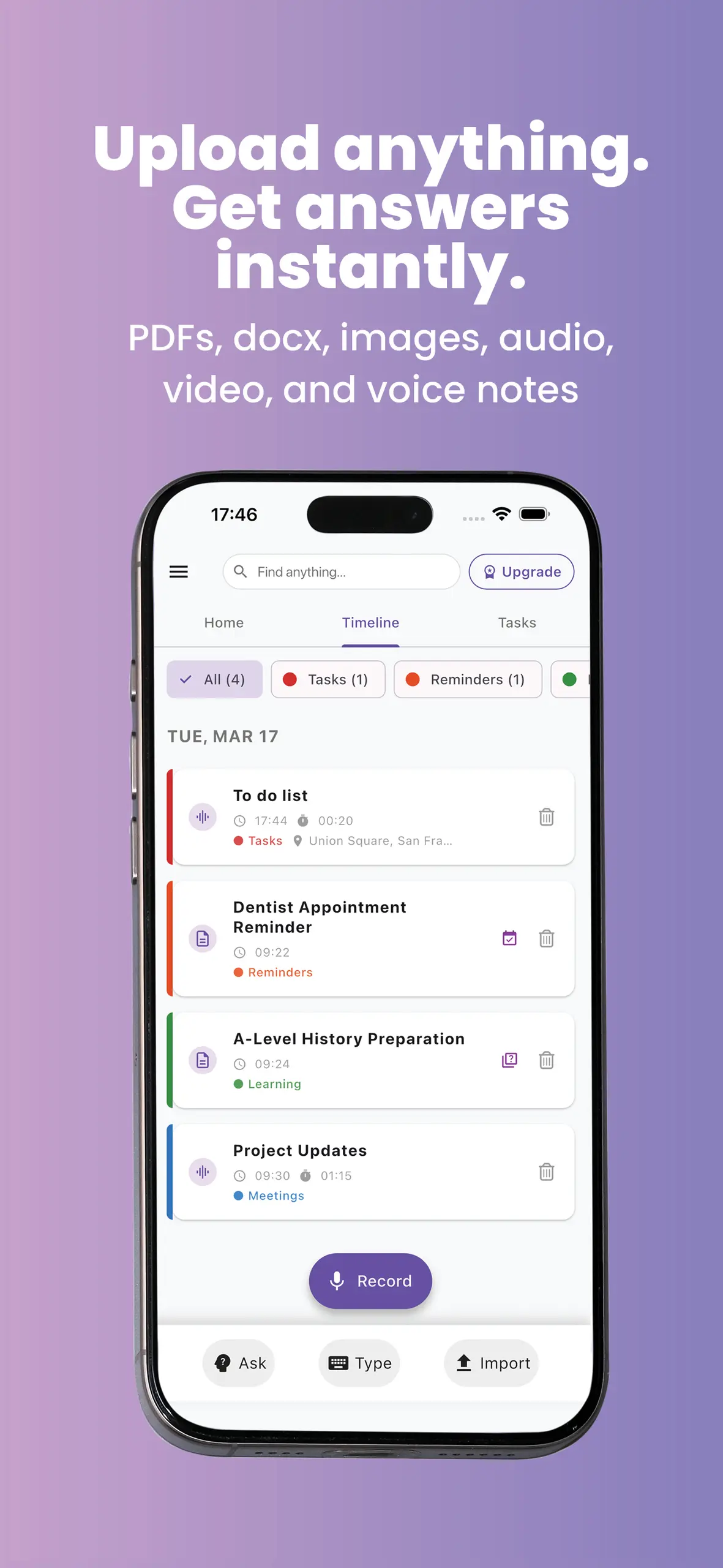 Recallify timeline showing imported PDFs, documents, images, audio, video, and voice notes