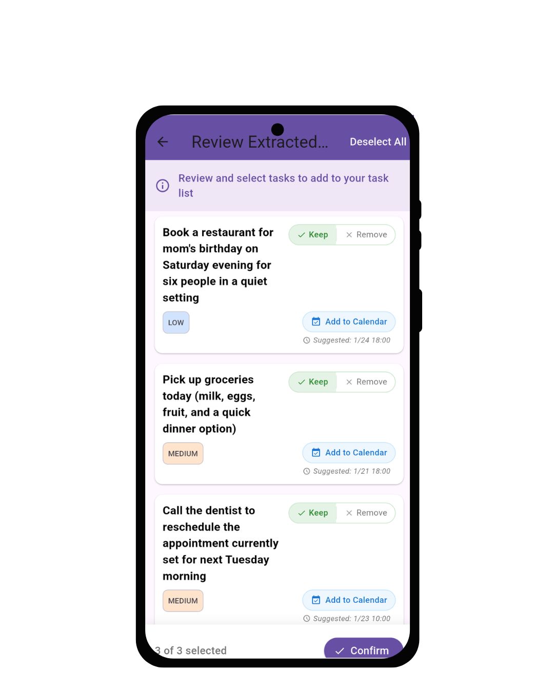 Recallify showing automatically extracted tasks with priorities and deadlines
