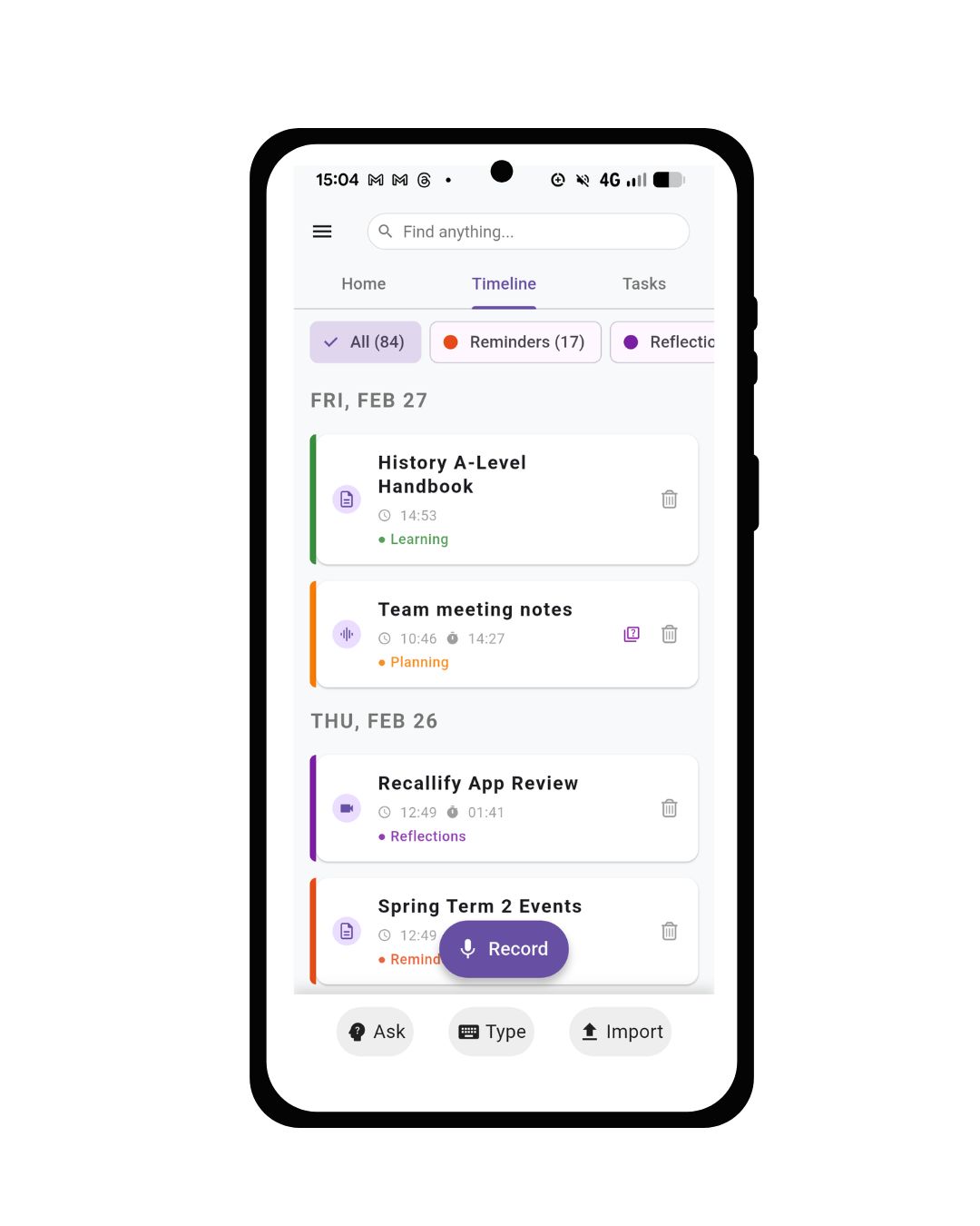 Recallify timeline showing recordings, notes and summaries on a phone