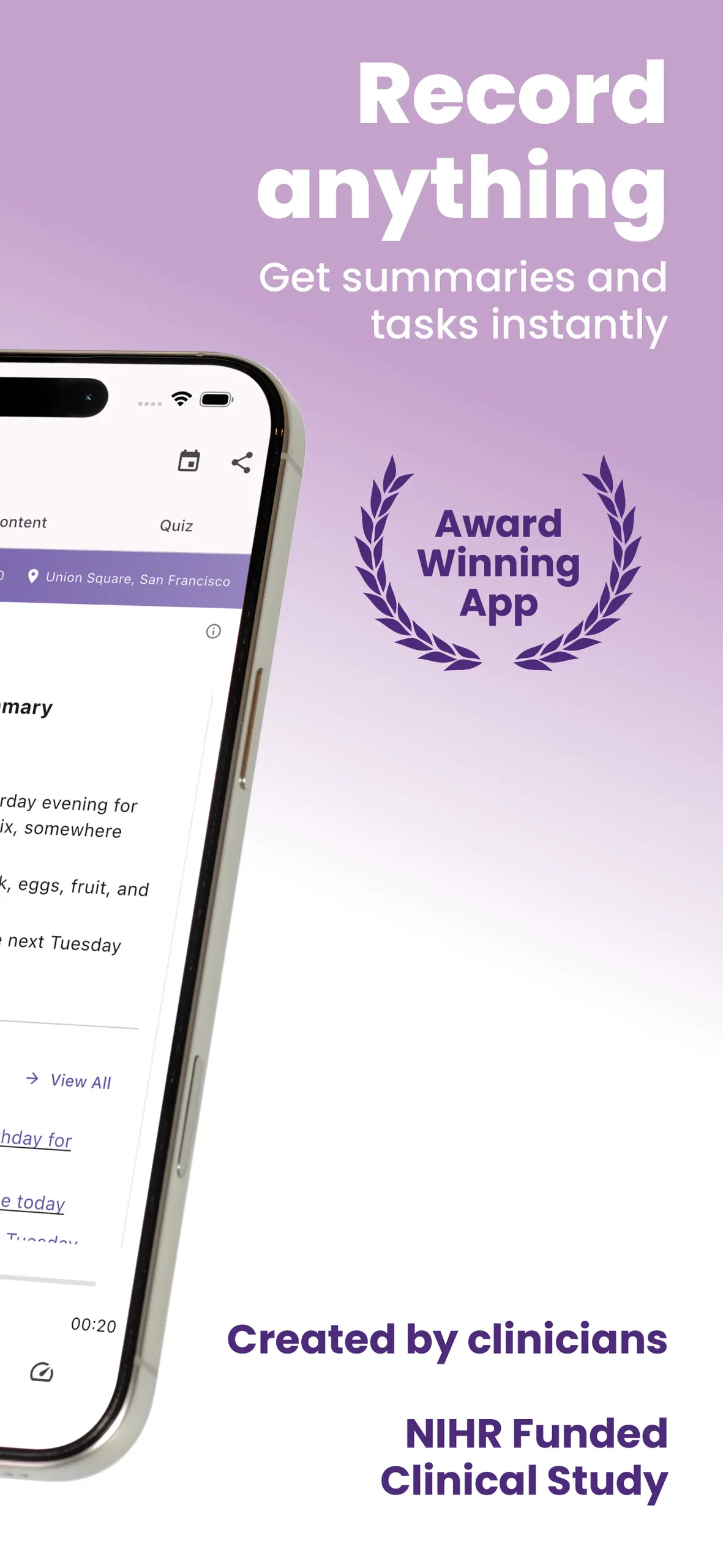 Recallify voice recorder app rated 4.9 on App Store and 4.8 on Play Store, created by clinicians