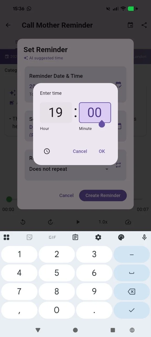 The new numeric time picker in Recallify, replacing the analogue clock dial that pilot participants found confusing