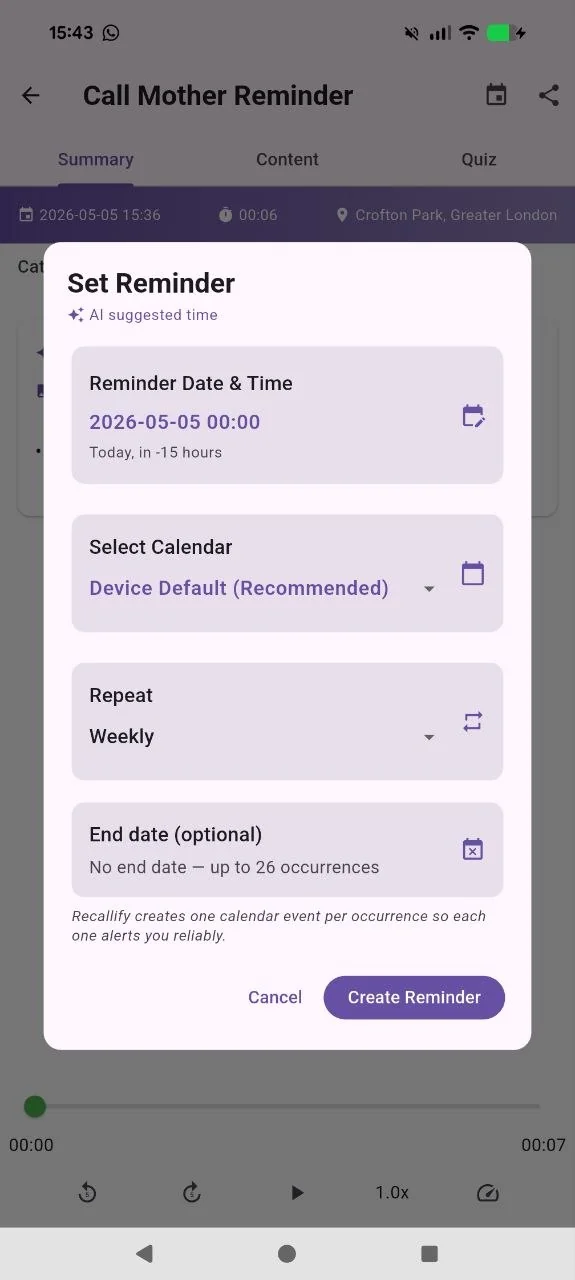 Recallify recurring reminder set to Weekly with an optional end date and up to 26 occurrences