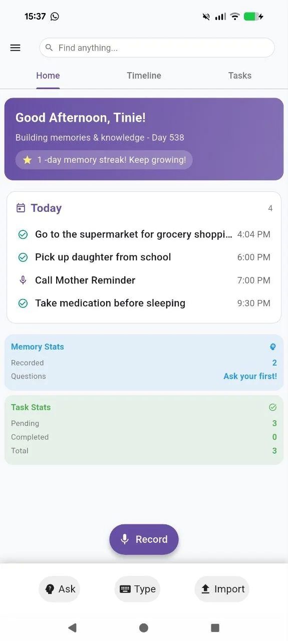 The new Today section on the Recallify home tab showing a day's reminders, tasks, and appointments at a glance