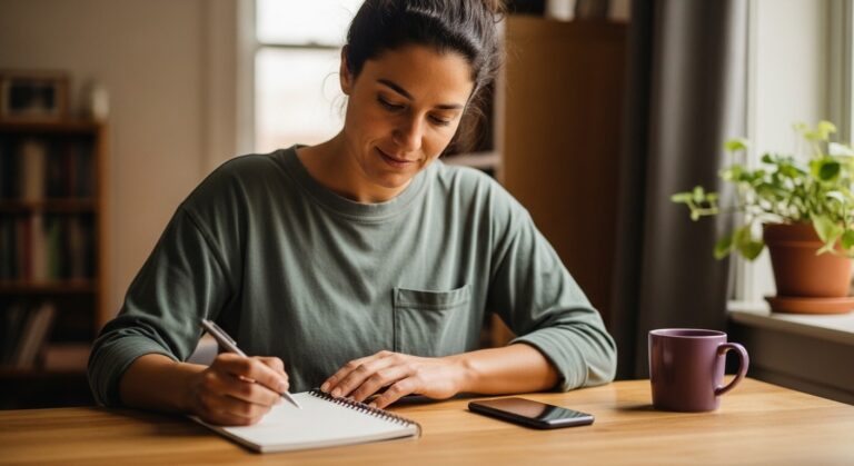 Person at a calm desk with a laptop and notebook, easing back into the working day after a brain injury