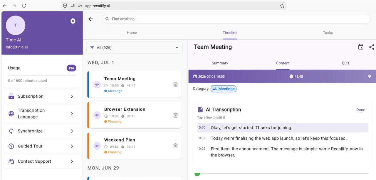 A Team Meeting transcript in the Recallify web app, with speaker-separated lines and AI transcription