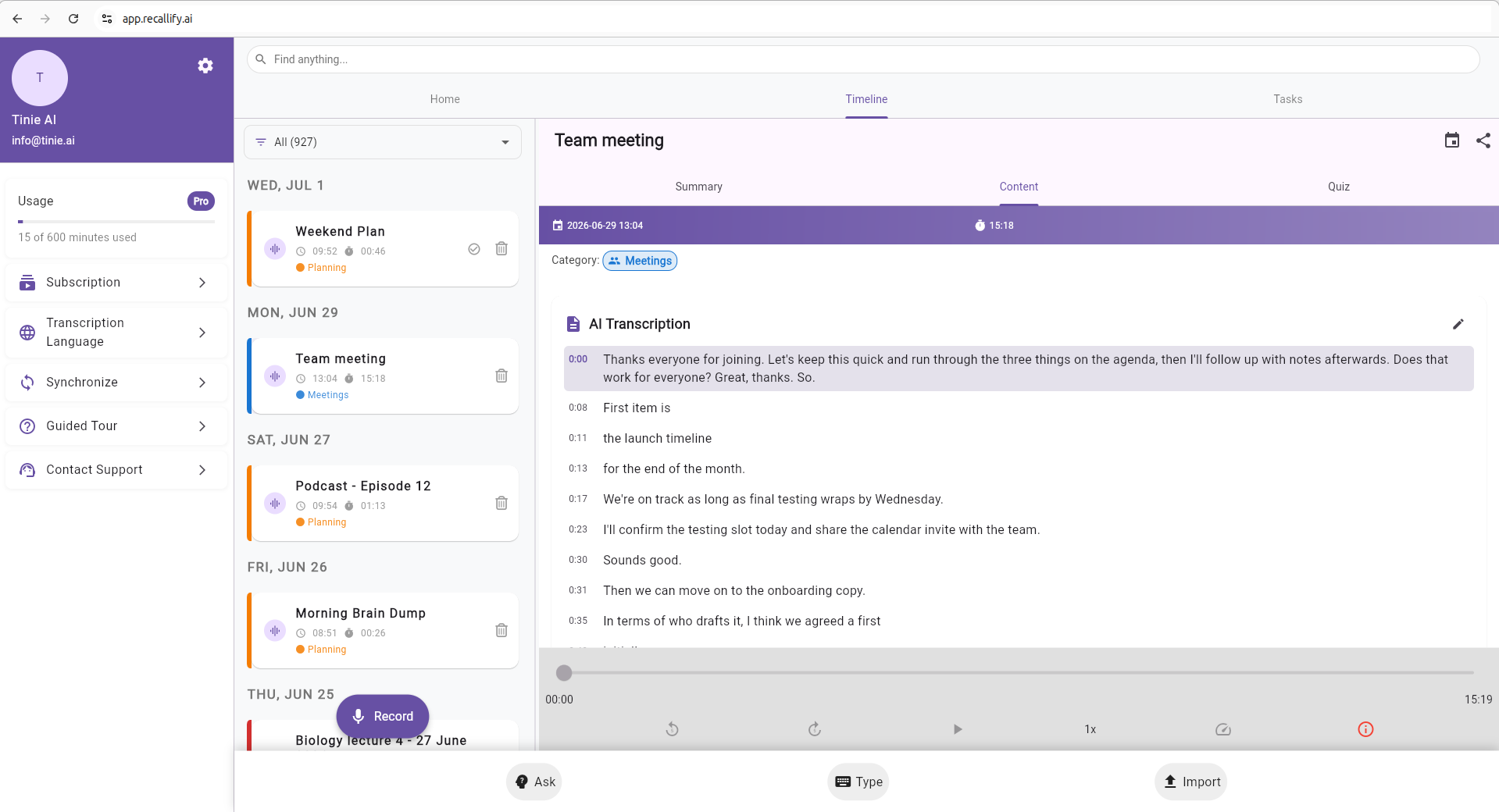 A diarised meeting transcript and summary in the Recallify web based memory app