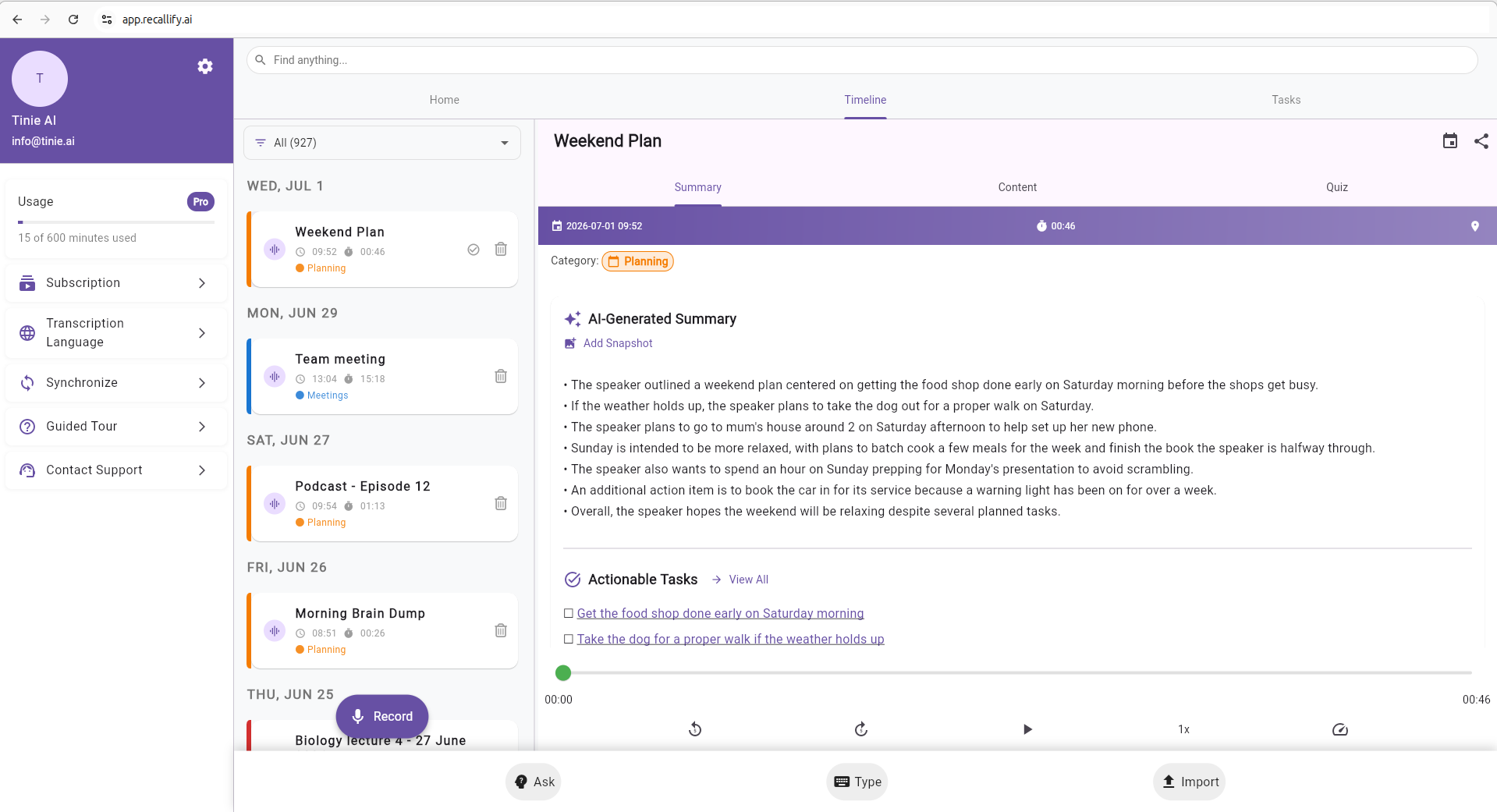 The Recallify web based memory app open in a browser, showing a voice note turned into an AI summary and a task list