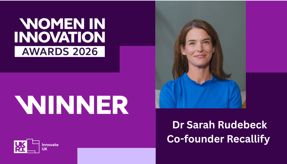Women in Innovation Awards 2026 winner card for Dr Sarah Rudebeck, co-founder of Recallify, with the UKRI Innovate UK logo